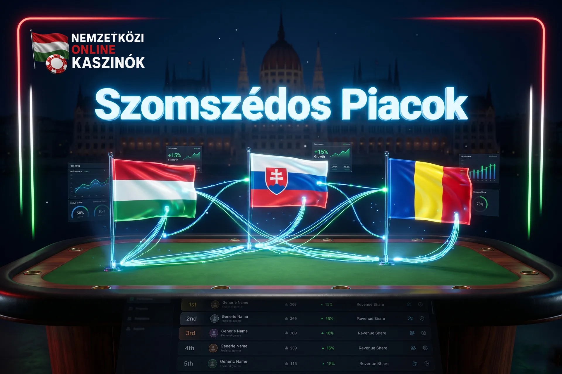Magyar, szlovák és román zászlók összekötve egy kaszinóasztalon, Szomszédos Piacok felirattal.